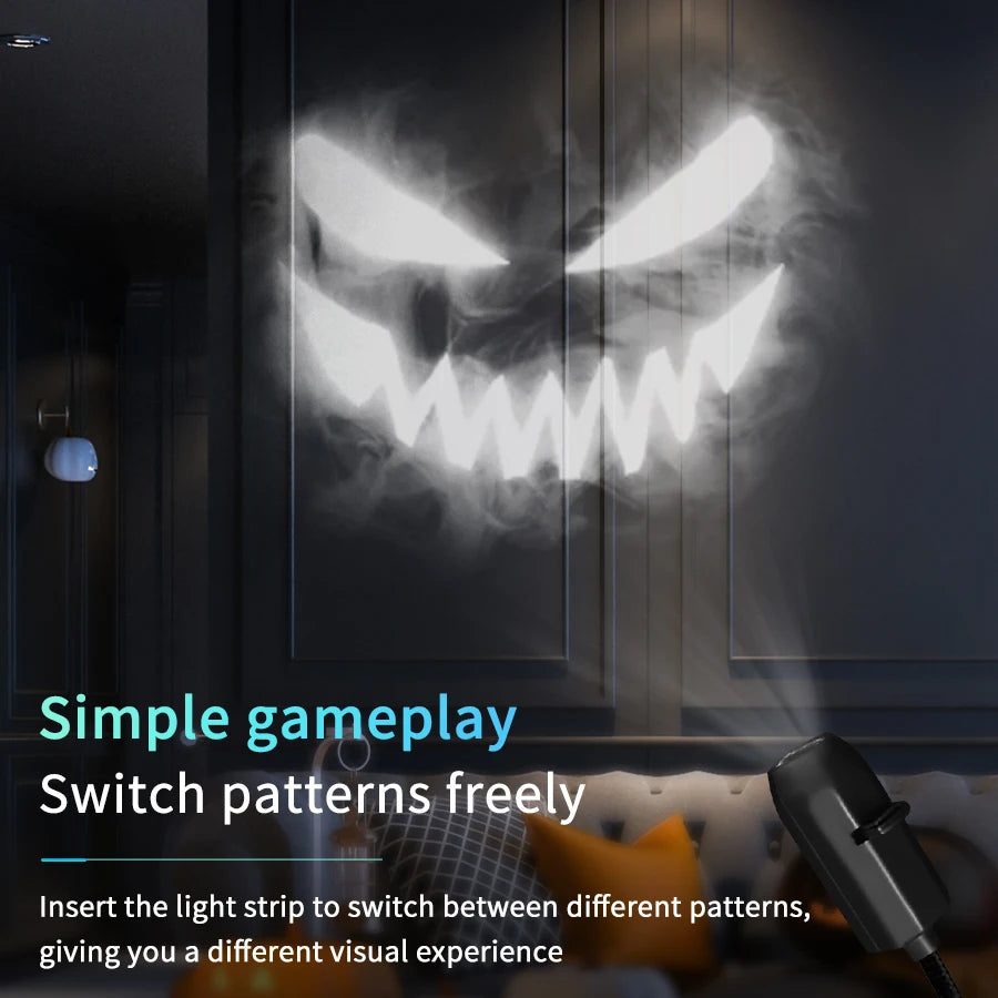 Close view of sinister grin pattern projected on a curtain.