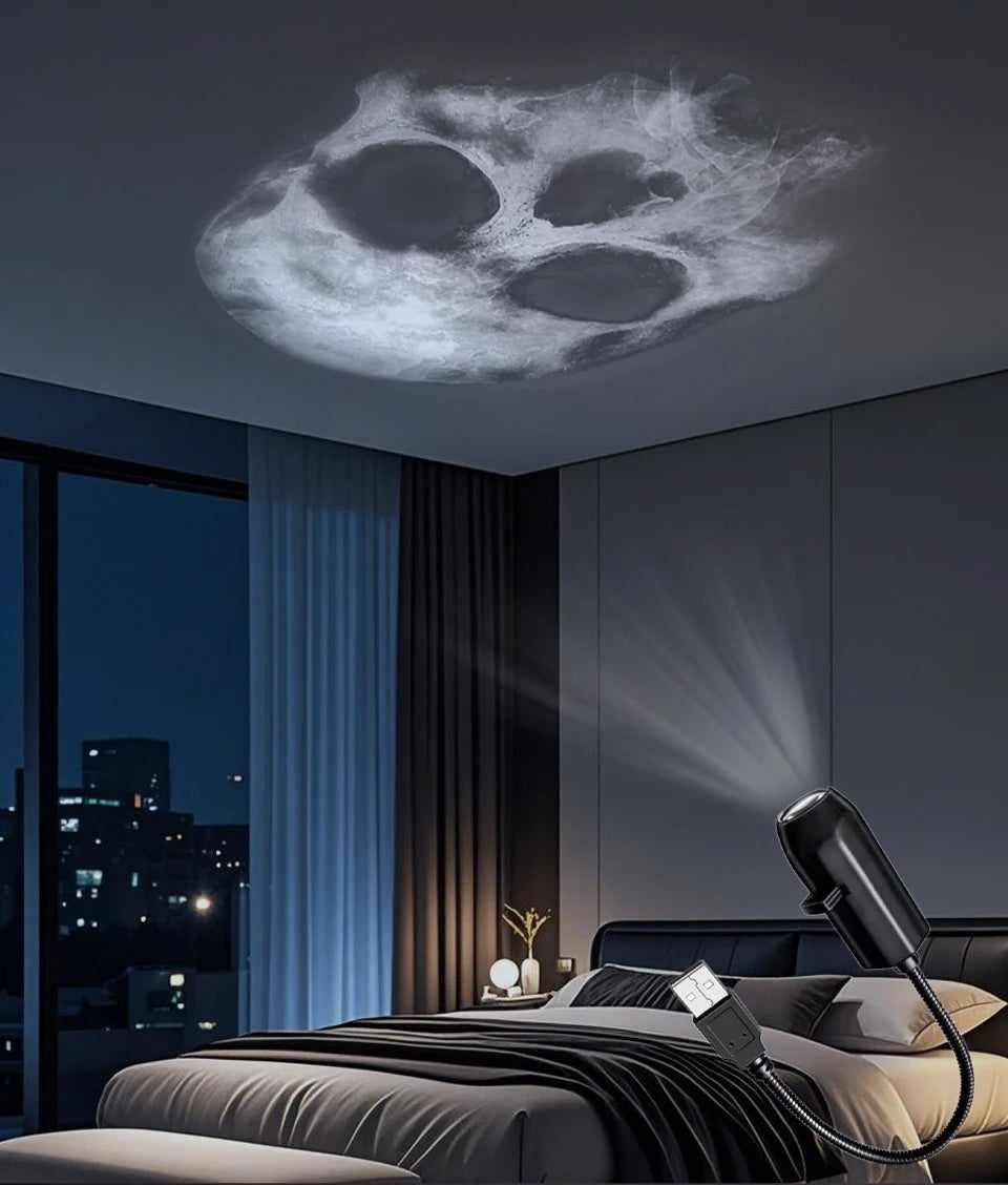 Red skull image projected onto an interior wall.
