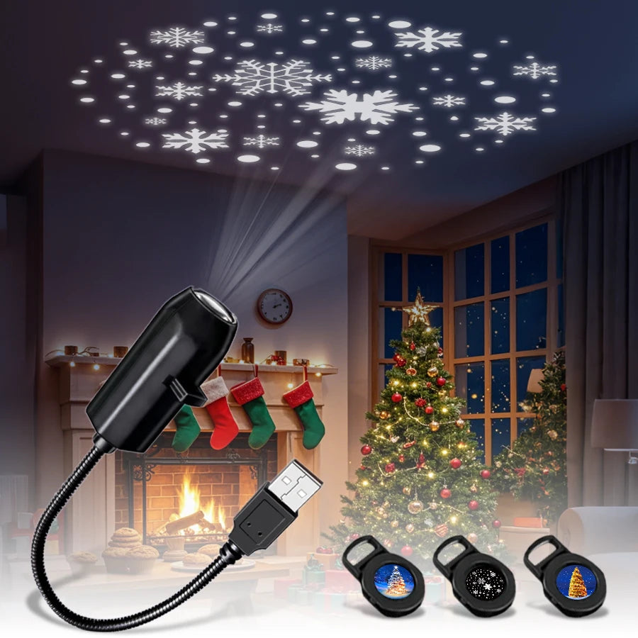 USB projector casting bright snowflakes across a living room with a Christmas tree and stockings.