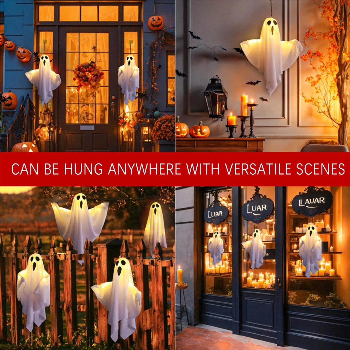 Multi-photo collage of ghosts on porch and yard.