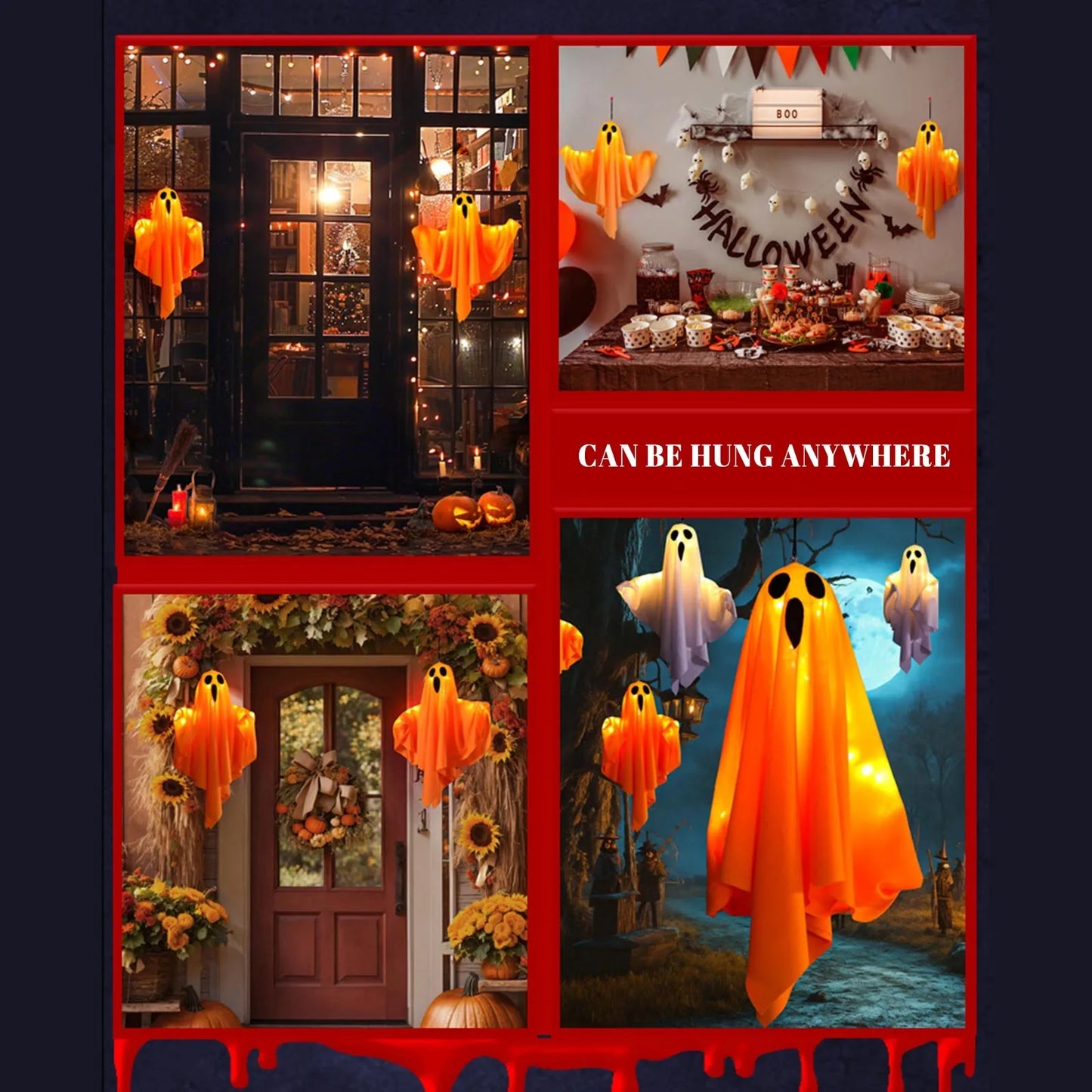 Ghosts hanging inside a decorated window for home party décor.
