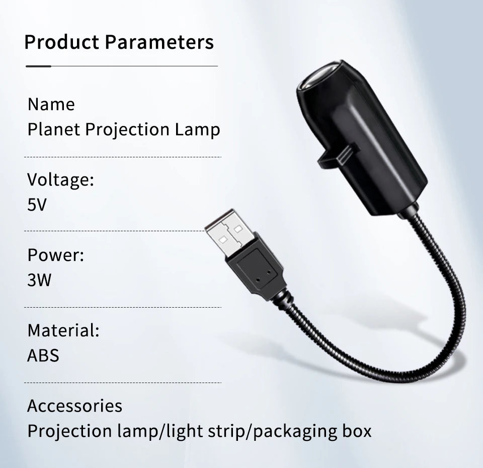 White background shot of USB projection light with specifications.