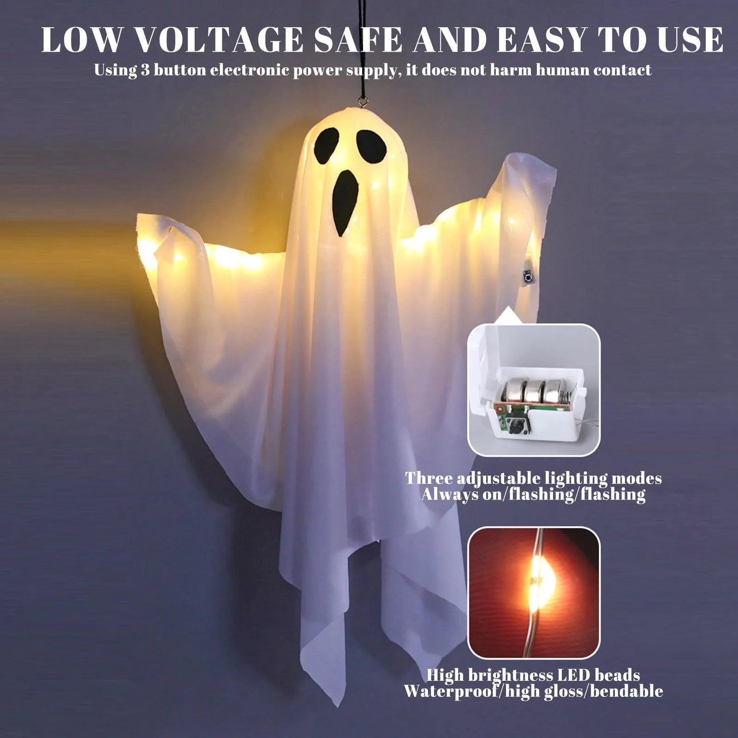 Close-up of a glowing ghost prop with a small quality badge.
