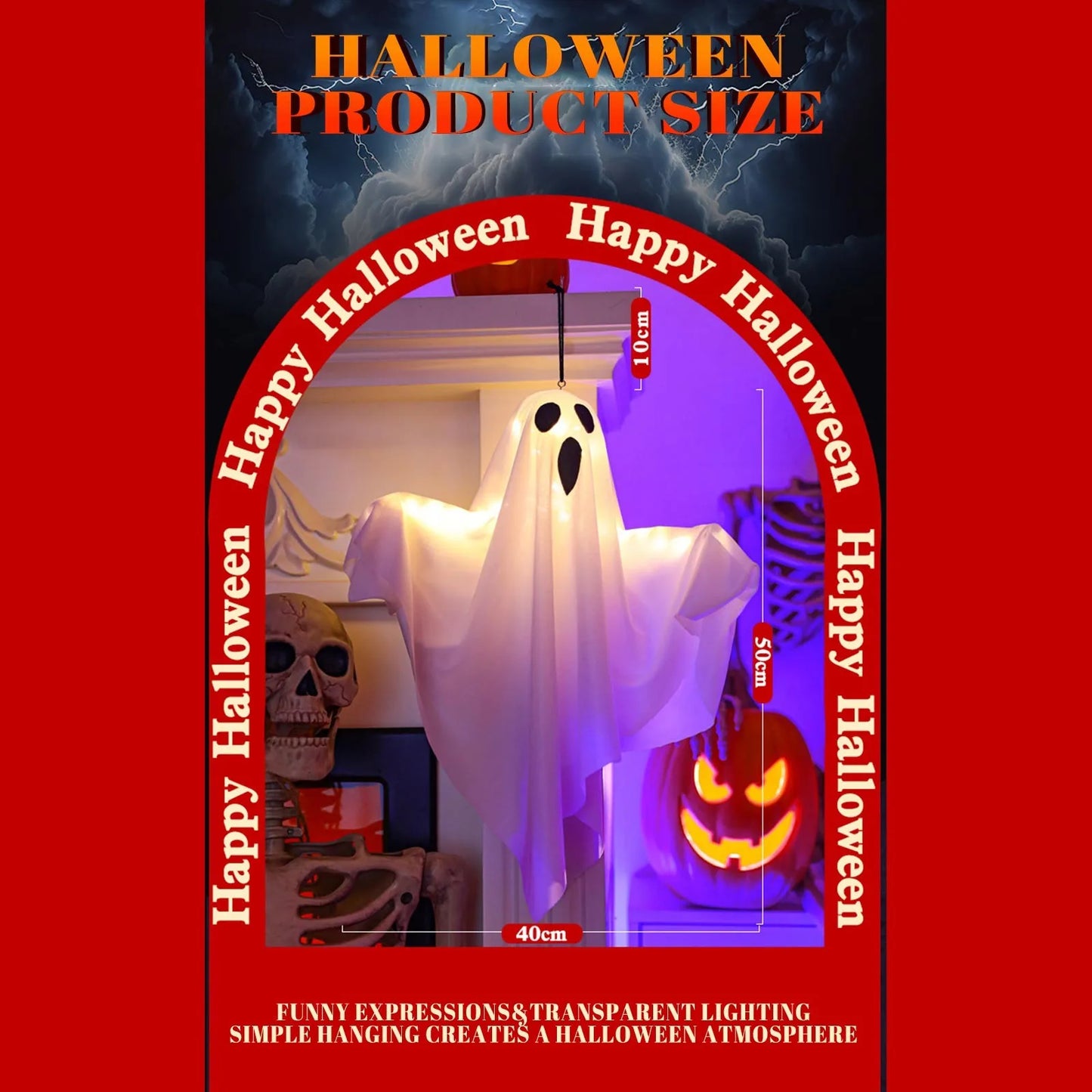 Marketing poster style image featuring window display of hanging ghosts.
