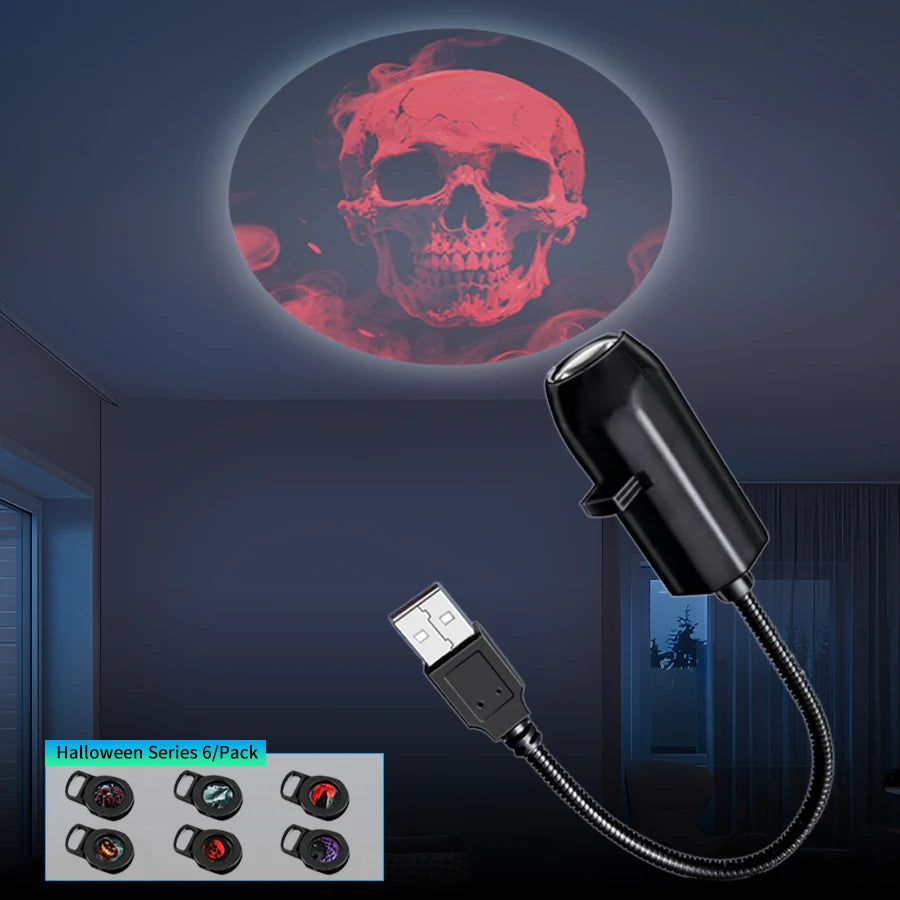 Projector casting red skull pattern onto a living room wall.