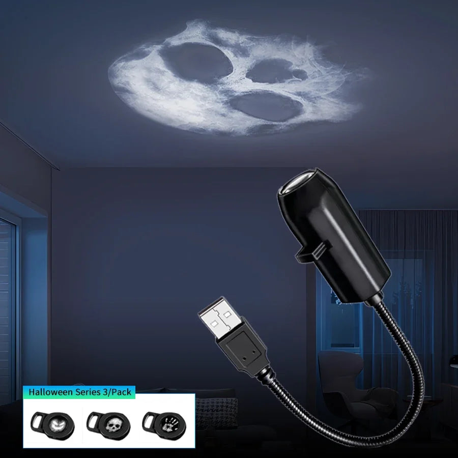 Projector casting white skull pattern onto a living room wall.