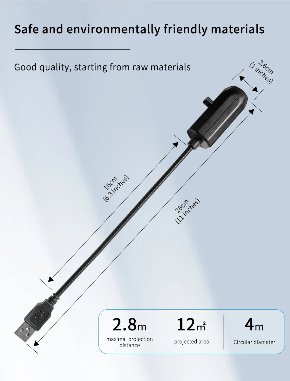 Product diagram of the slim projector wand and USB cable.