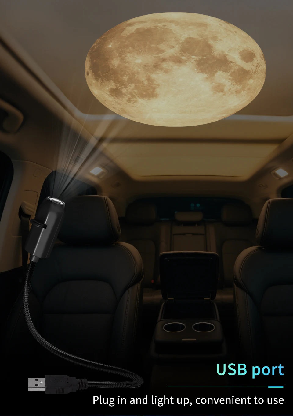 Moon/planet projection on a car roof interior at night.