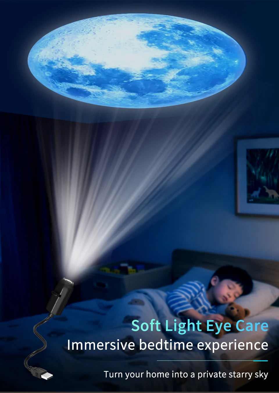 Large planet projected on a bedroom ceiling above the bed.