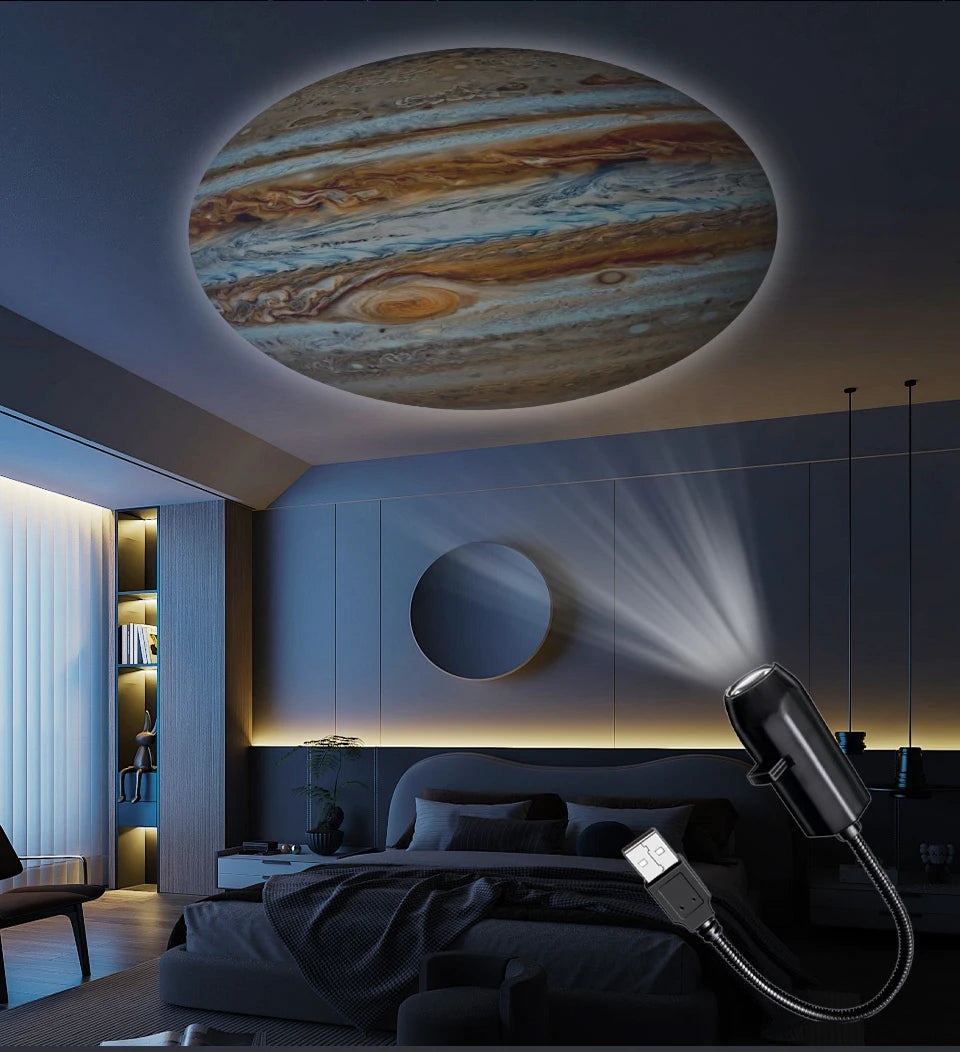 Bright moon/planet projection on a living-room ceiling.