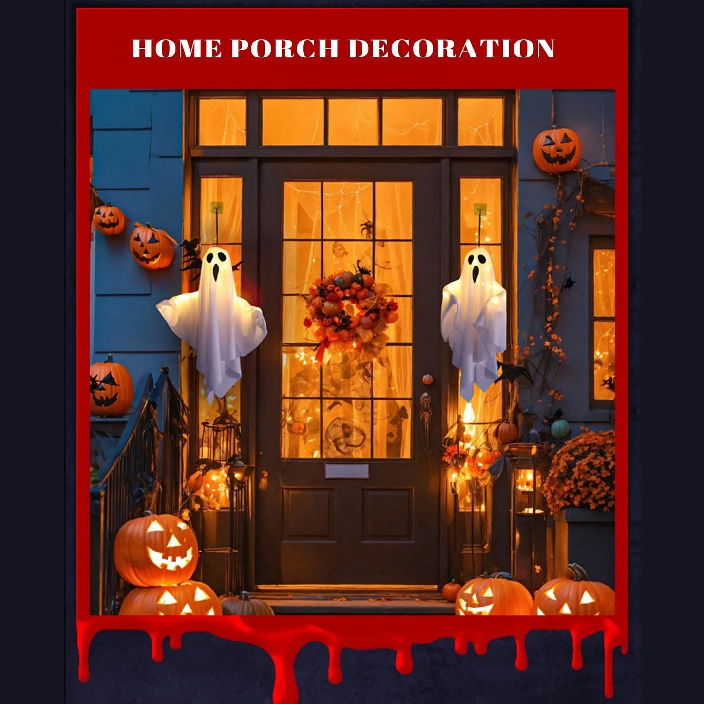 Store window scene with several hanging ghosts and orange trim.