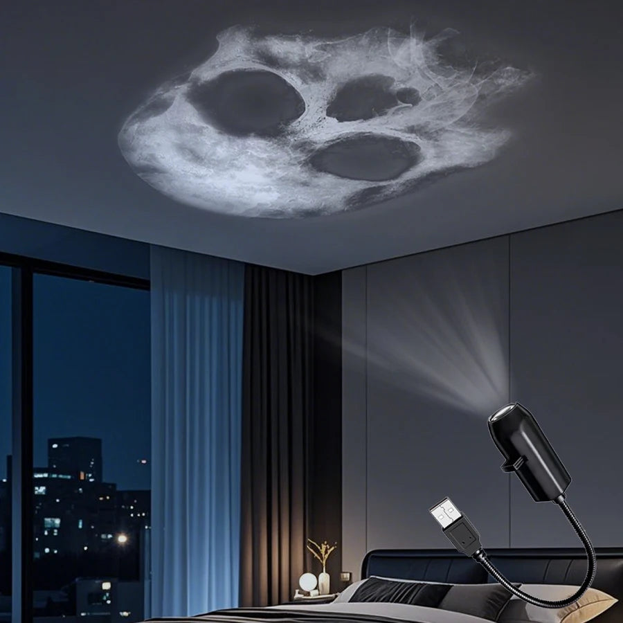 Skull image projected onto a ceiling from a desk.