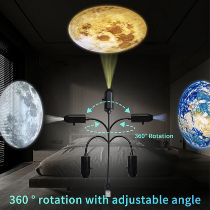 Projector displaying multiple ceiling projections at different angles.