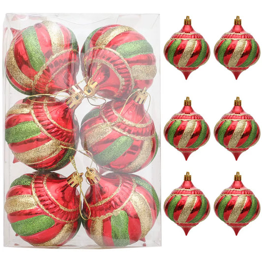 Box of six red and green swirl shatterproof Christmas ornaments with glittered finish