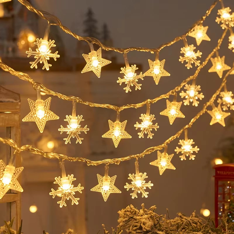 Rows of warm white globe bulb string lights used as Christmas décor