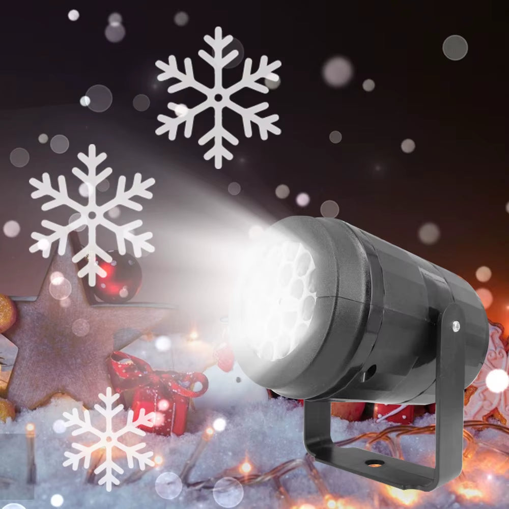 White snowflake projector light washing a ceiling with moving flakes for Christmas décor