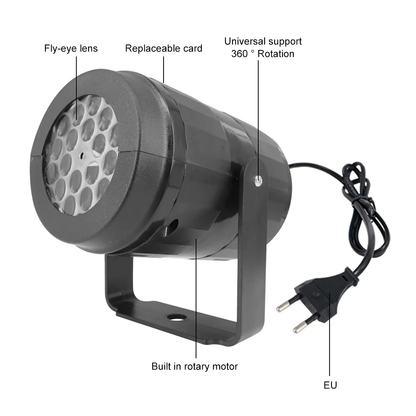 Projector body with AC power adapter and cable shown on a white background