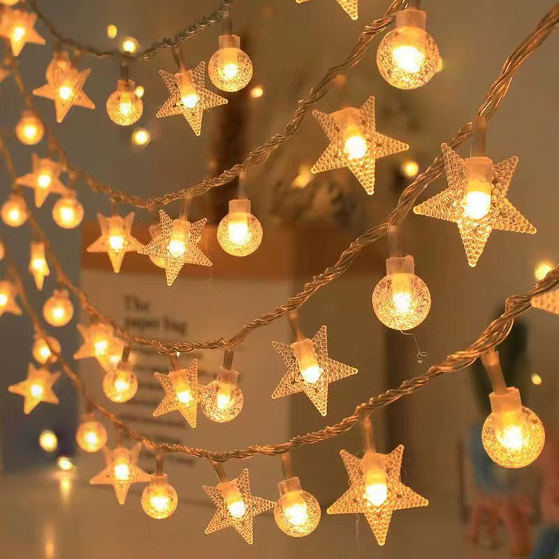 Close-up cluster of warm white globe bulb string lights for Christmas décor
