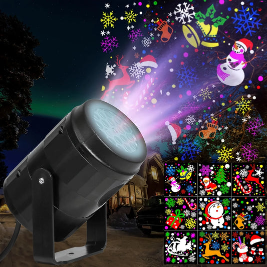 LED Christmas projector casting colorful holiday patterns onto an outdoor wall