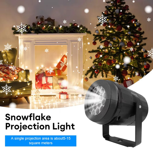 Rotating snowflake LED projection light casting white flakes across a cozy holiday fireplace scene