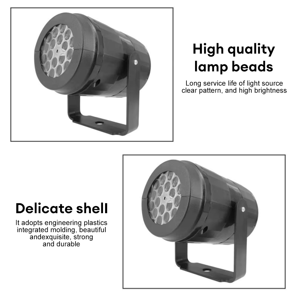 Detail of projector lens and LED array labeled high quality for clear snowflake patterns