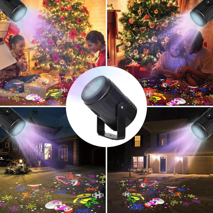 Collage preview of 16 Christmas projector patterns including snowflakes, trees and gifts
