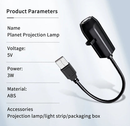 USB projection lamp on white background with labeled parameters.