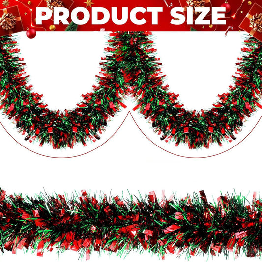 Product size diagram of 2 m red and green Christmas tinsel garland for party and home décor