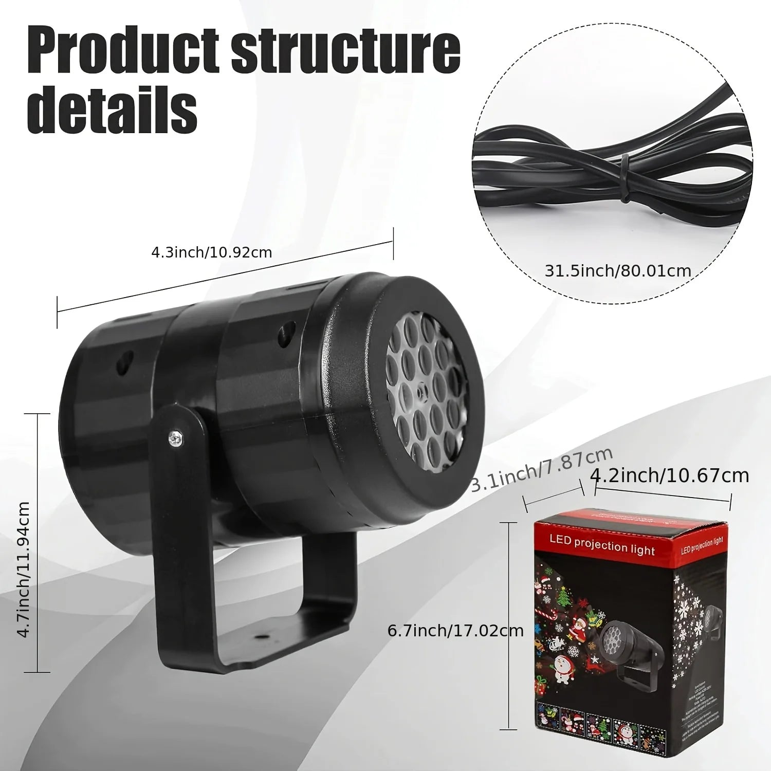 Projector body with power cable and distance-to-coverage chart for holiday projections