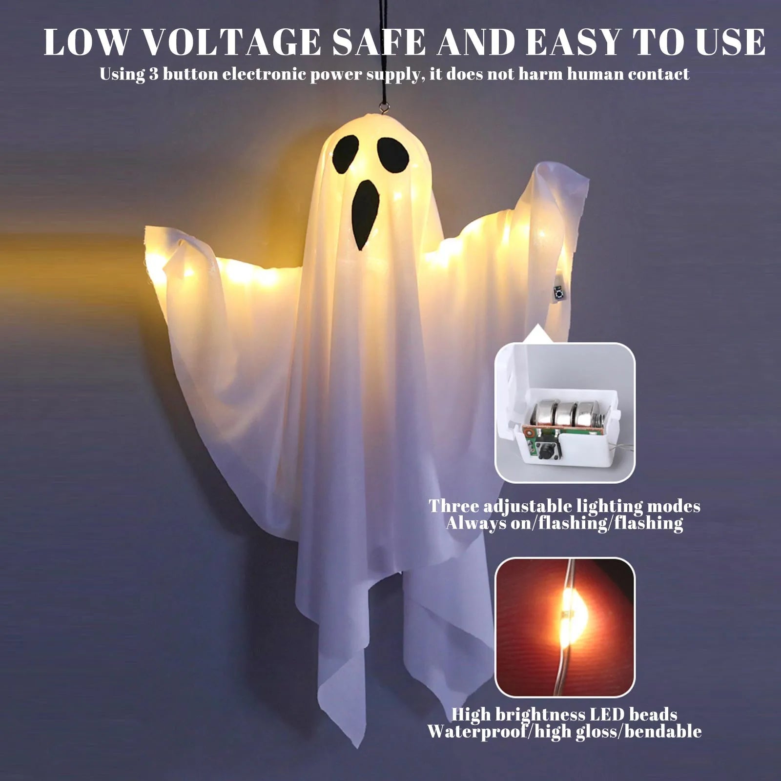Close-up of a glowing ghost prop with a small quality badge.