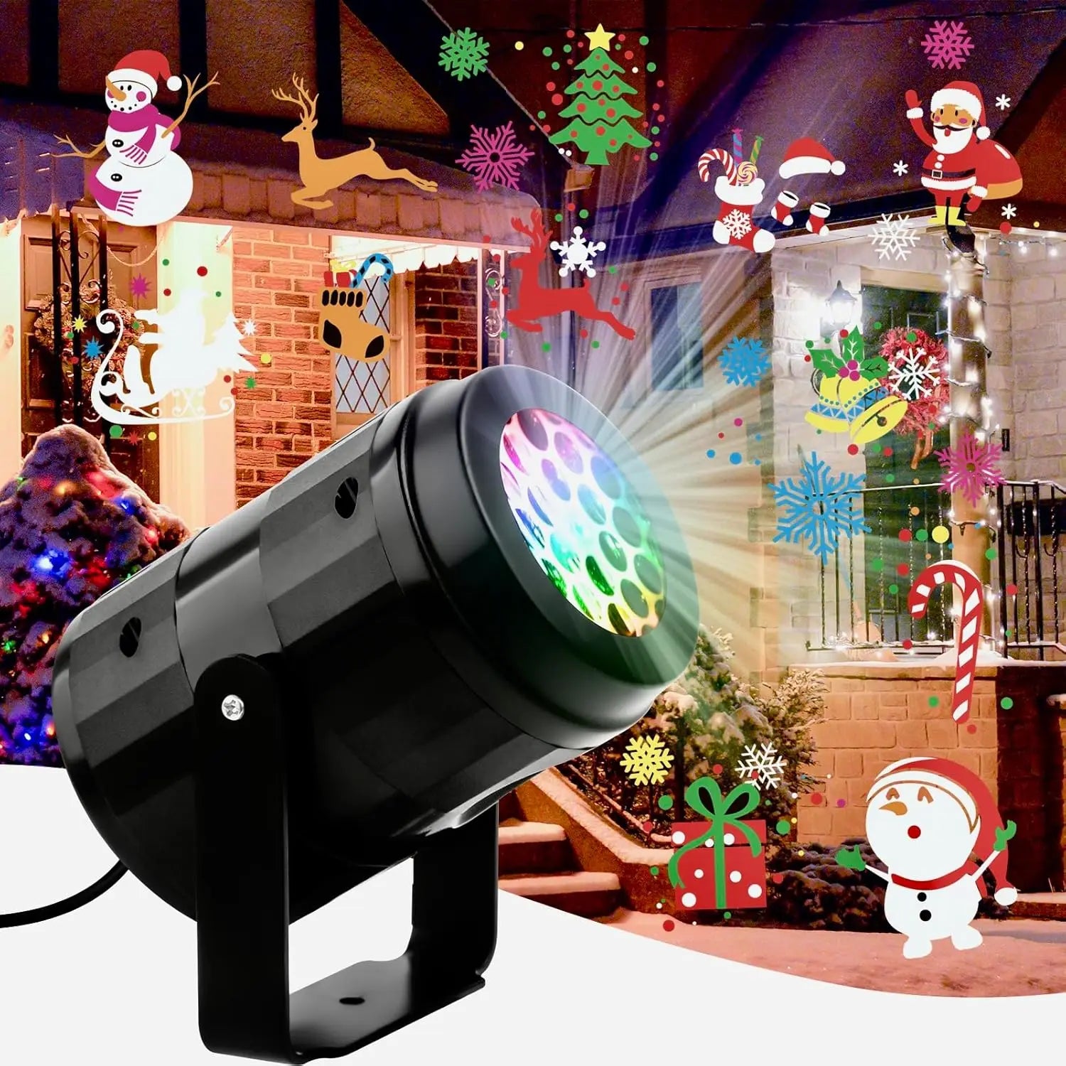 Adjustable rotatable projector head with mounting bracket shown in detail