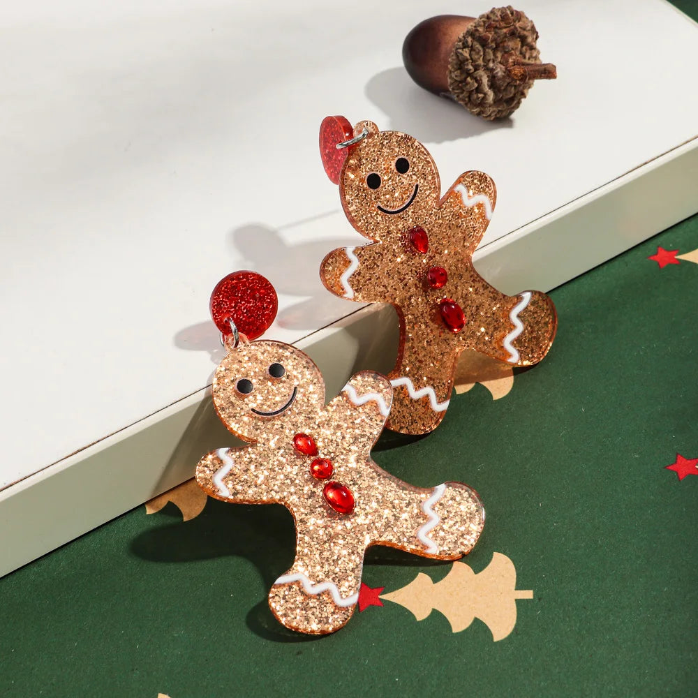 Merry Christmas Acrylic Earrings for Women Girls Newest Cute Cartoon Glitter Gingerbread Man Drop Earring Fashion Jewelry Gifts