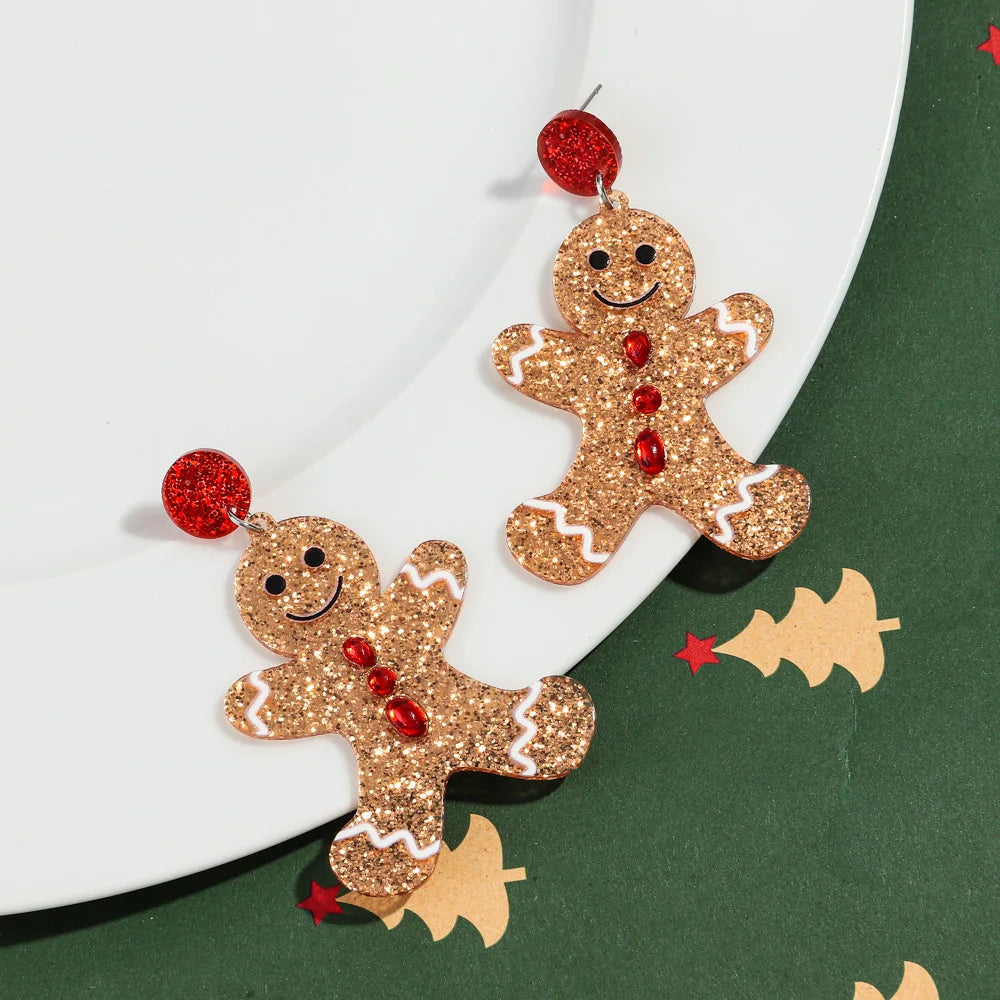 Merry Christmas Acrylic Earrings for Women Girls Newest Cute Cartoon Glitter Gingerbread Man Drop Earring Fashion Jewelry Gifts