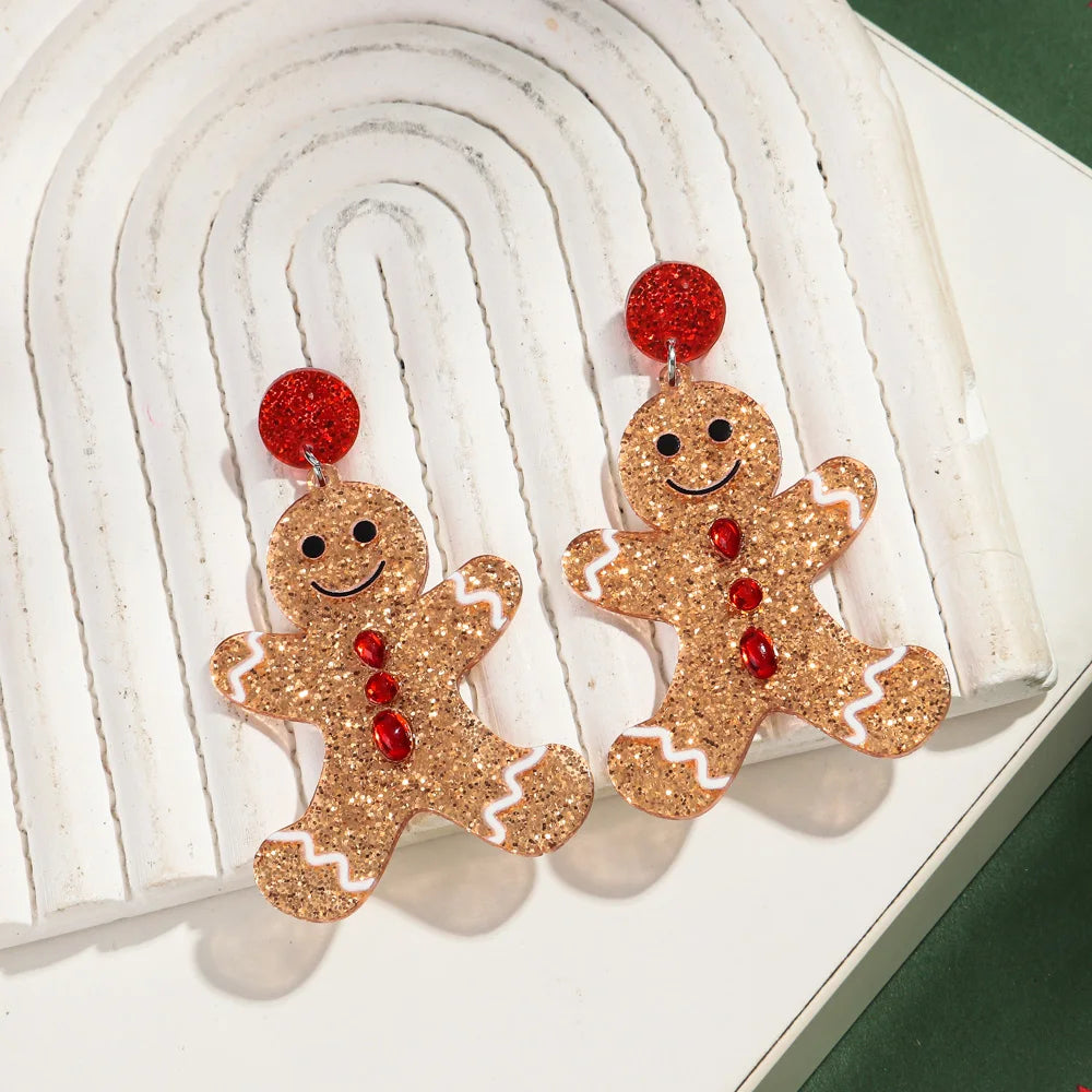 Merry Christmas Acrylic Earrings for Women Girls Newest Cute Cartoon Glitter Gingerbread Man Drop Earring Fashion Jewelry Gifts