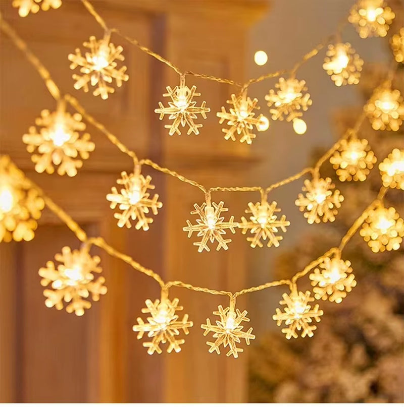 Soft focus photo of warm white snowflake string lights with holiday bokeh