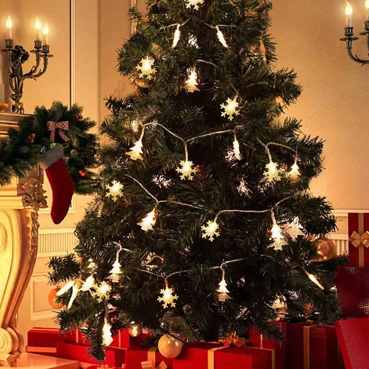 3 m warm white snowflake and star string lights wrapped around a Christmas tree