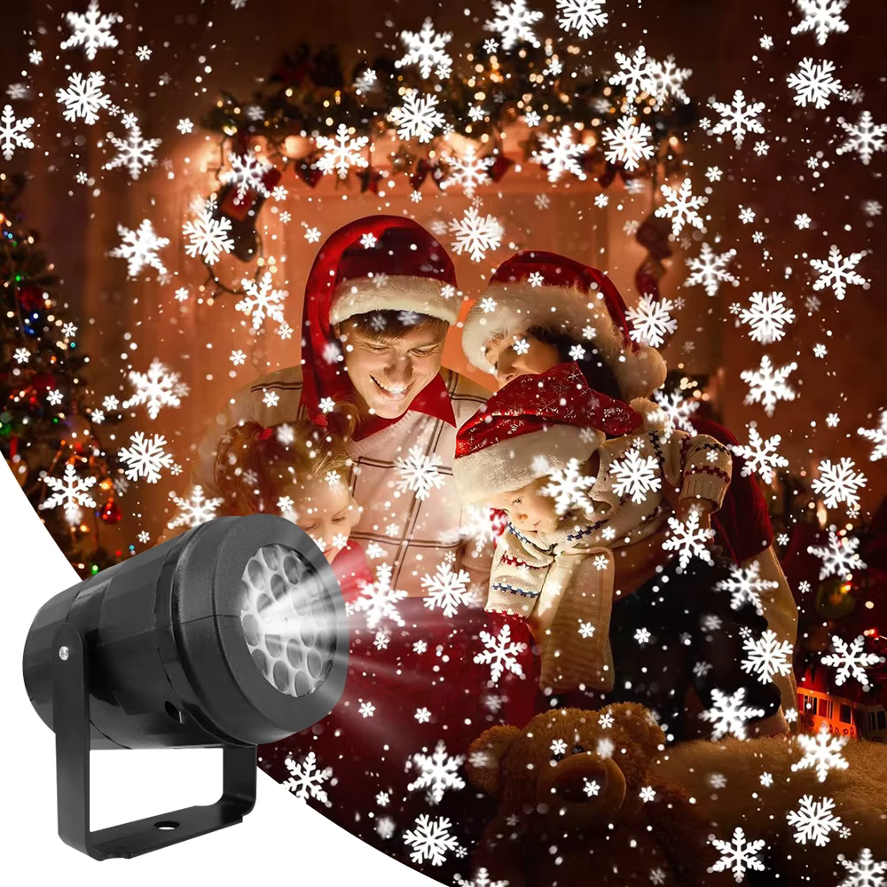 Rotating projector creating white snowflakes over a warm-toned living room wall