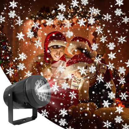 Rotating projector creating white snowflakes over a warm-toned living room wall