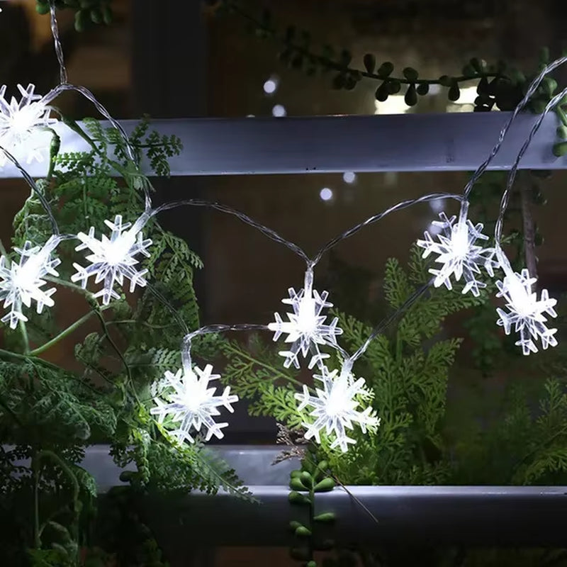 Close view of white snowflake LED lights with soft holiday bokeh