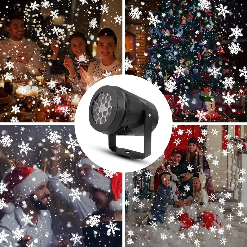 Snowflake projector aimed at a window with an arrow showing mounting direction for indoor use